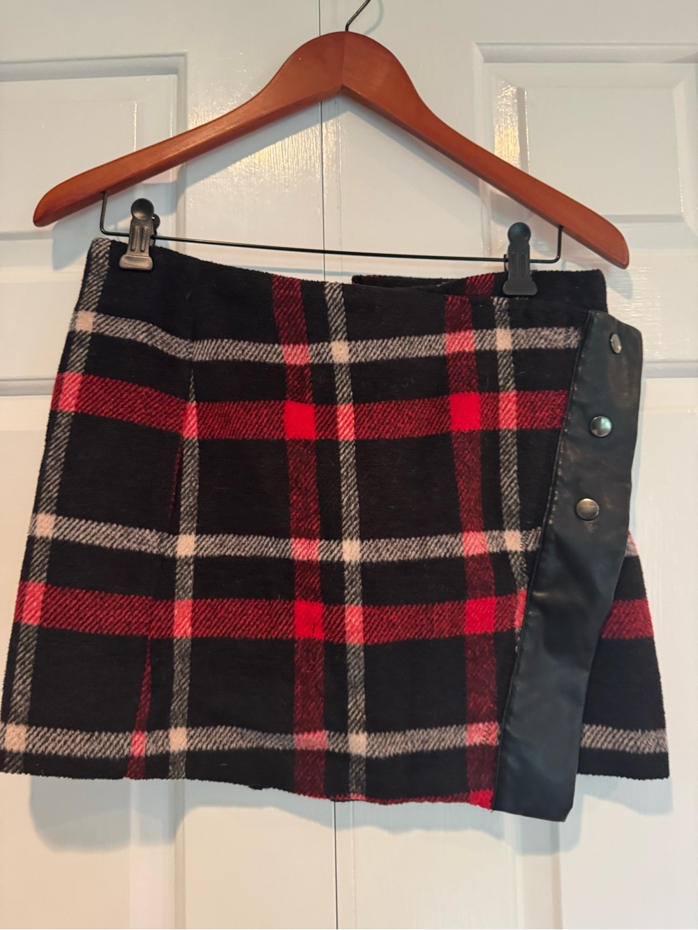 Plaid Mini Skirt with Red Accent and Button Trim